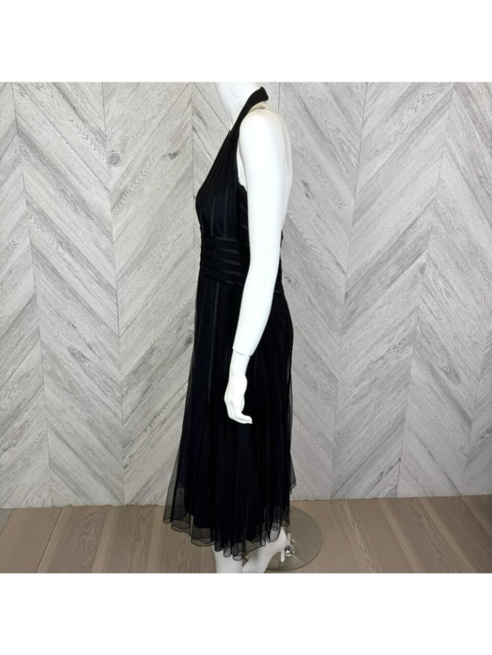 Vintage Y2K Halter Cocktail Dress Womens Size 12 Black Mesh Overlay Midi Empire - Picture 3 of 6